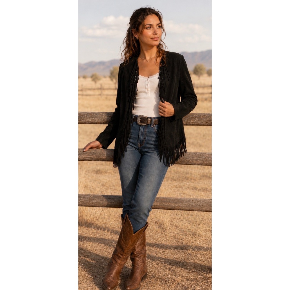 NWT Scully Jacket Black Suede Leather Western Fringe Boho Rodeo XL